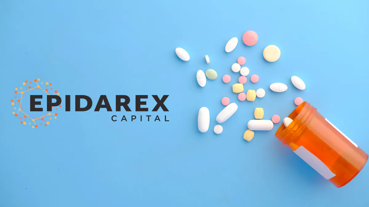 a bottle of pills spilled onto a blue background al logo on the right, with the Epidarex logo on the right