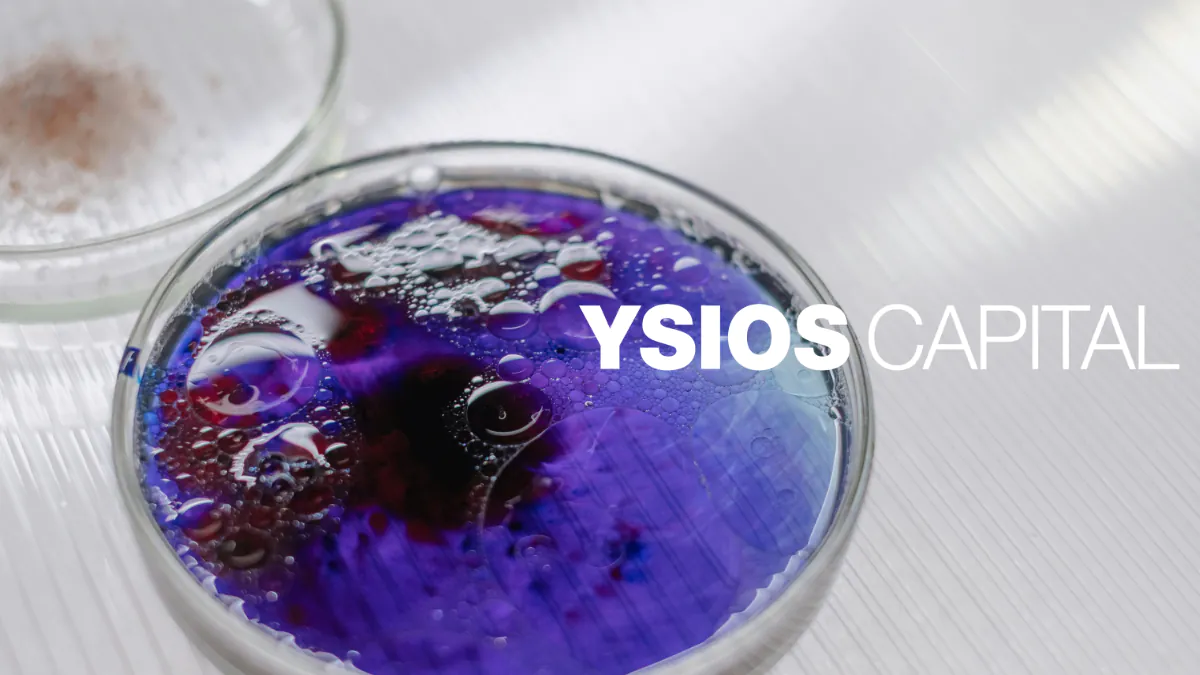 a purple liquid in a petri dish and the Ysios Capital logo
