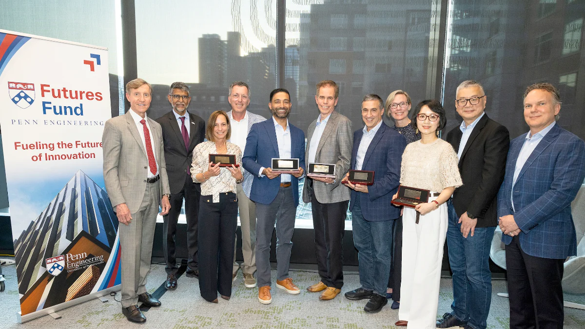 from left to right: J. Larry Jameson, President of the University of Pennsylvania; Vijay Kumar, Nemirovsky Family Dean of Penn Engineering; Amy Stavis; Robert M. Stavis (EAS’84, W’84), University Trustee and Chair of Penn Engineering’s Board of Advisors; Rohan Amin (ENG’02), Member of Penn Engineering’s Board of Online Engineering Education; Alan Atkinson (GEN’88), Member of Penn Engineering’s Technical Advisory Board; Ryan Limaye (ENG’93, W’93, WG’93), University Trustee and Member of Penn Engineering’s Board of Advisors and Technical Advisory Board; Grace Limaye; Linda Ye; Robin Ren (EE’95, C’95), Member of Penn Engineering’s Technical Advisory Board; and Alex Krueger (ENG’96, W’96), Member of Penn Engineering’s Board of Advisors.