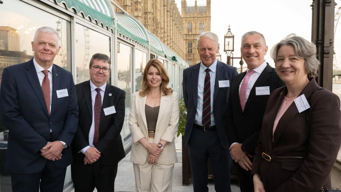 Vice chancellors David Bell, Andy Long, Chris Day, Paul Croney, and Karen O'Brien with North East mayor Kim McGuiness at the Houses of Parliament