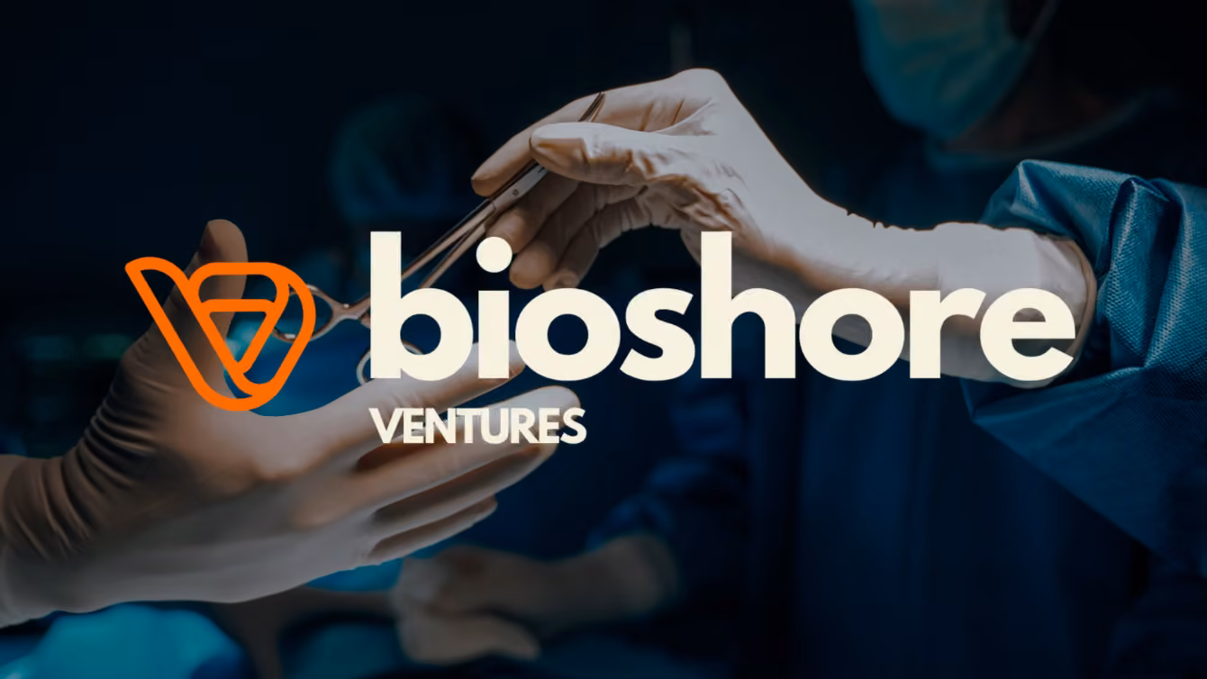 Bioshore Ventures logo on a dark background of two hands with white gloves passing a pair of surgical scissors
